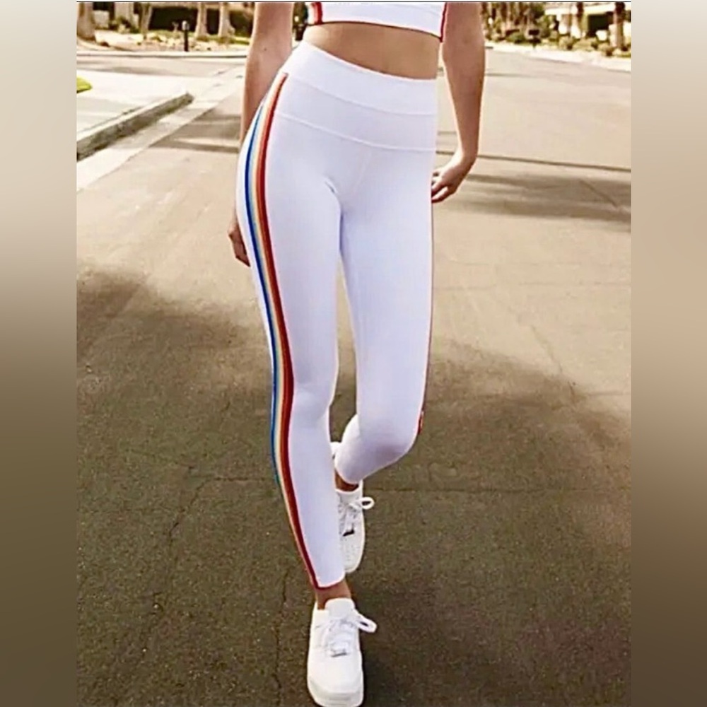 Spiritual Gangster HighRise Track Tight Full Length White Rainbow Stripe Legging